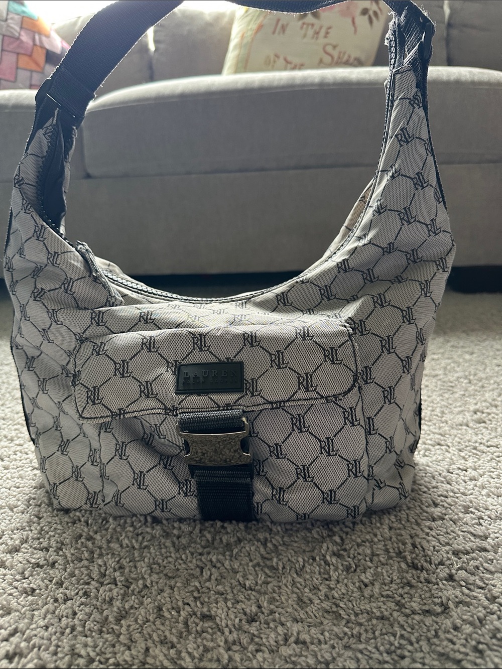 Ralph Lauren White Monogram Canvas Hobo with Black Trim
